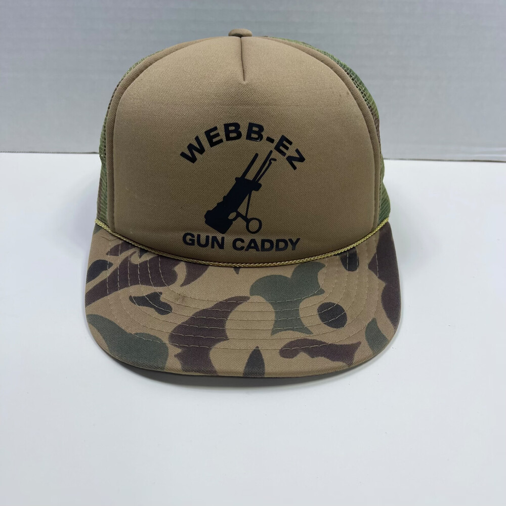 Vintage Camo Trucker Hat Webb-EZ Gun Caddy Snapback KC Brand Hunting Golf VTG